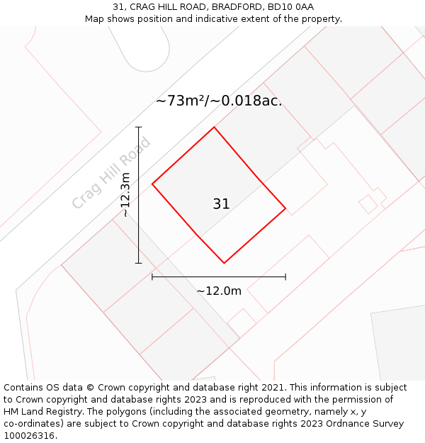 31, CRAG HILL ROAD, BRADFORD, BD10 0AA: Plot and title map