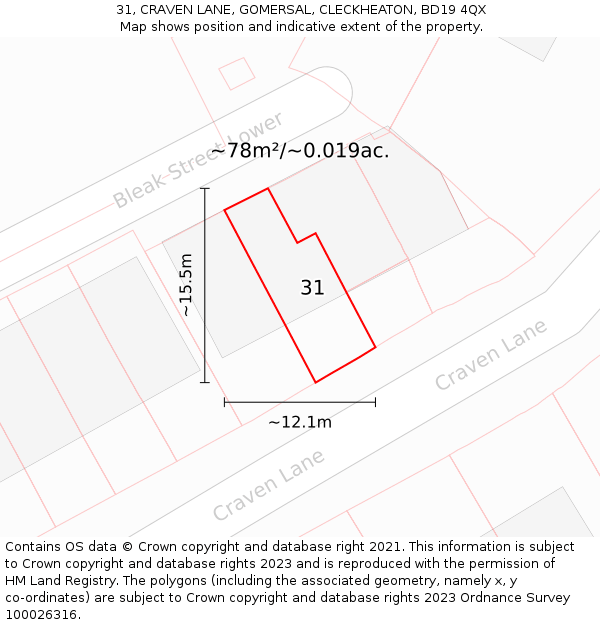 31, CRAVEN LANE, GOMERSAL, CLECKHEATON, BD19 4QX: Plot and title map