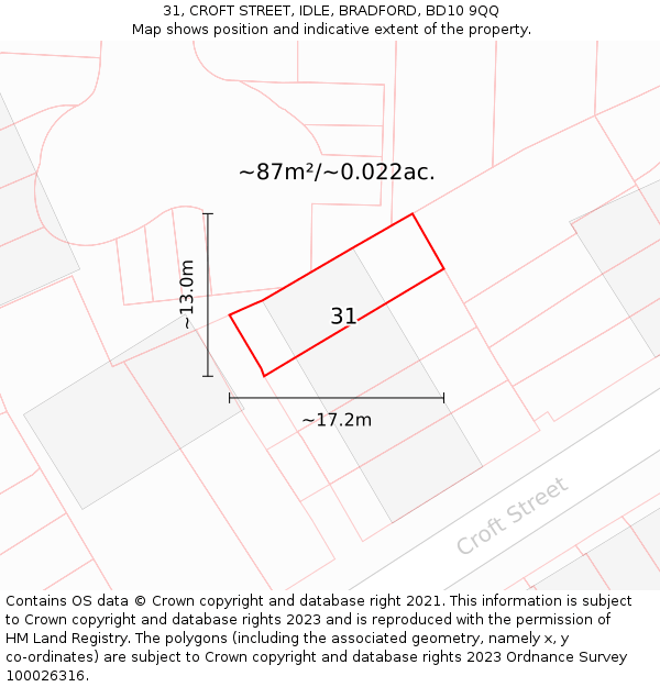 31, CROFT STREET, IDLE, BRADFORD, BD10 9QQ: Plot and title map