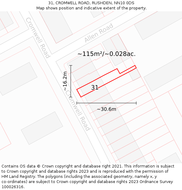 31, CROMWELL ROAD, RUSHDEN, NN10 0DS: Plot and title map