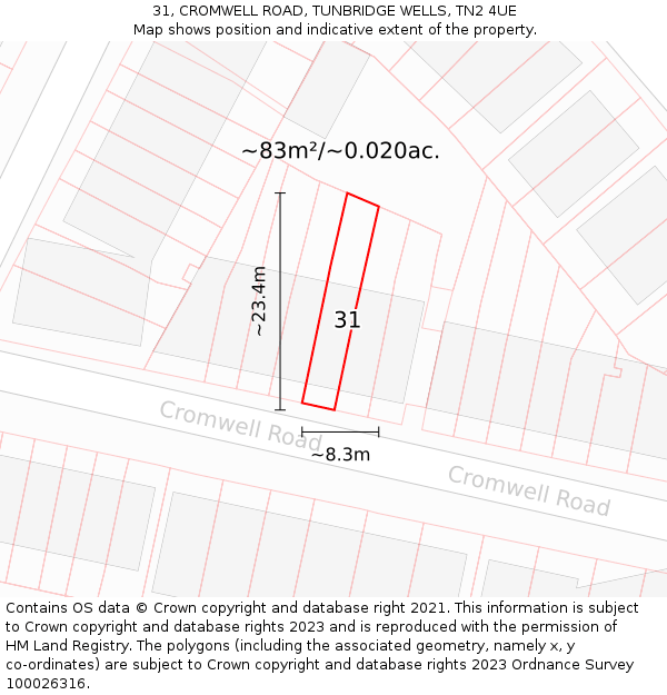 31, CROMWELL ROAD, TUNBRIDGE WELLS, TN2 4UE: Plot and title map