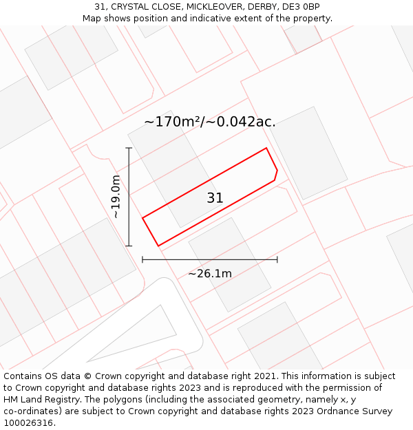 31, CRYSTAL CLOSE, MICKLEOVER, DERBY, DE3 0BP: Plot and title map