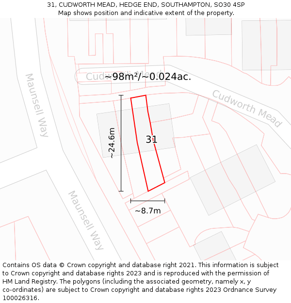 31, CUDWORTH MEAD, HEDGE END, SOUTHAMPTON, SO30 4SP: Plot and title map