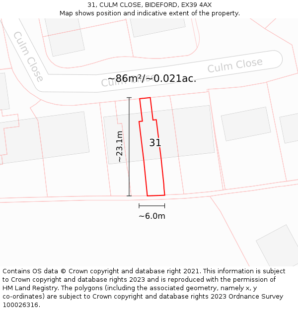 31, CULM CLOSE, BIDEFORD, EX39 4AX: Plot and title map