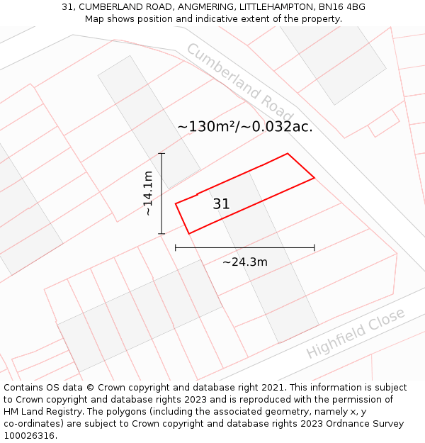 31, CUMBERLAND ROAD, ANGMERING, LITTLEHAMPTON, BN16 4BG: Plot and title map
