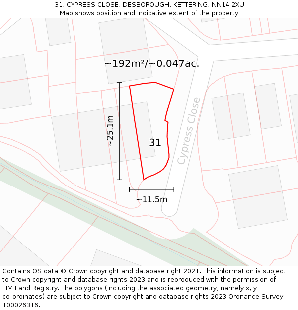 31, CYPRESS CLOSE, DESBOROUGH, KETTERING, NN14 2XU: Plot and title map