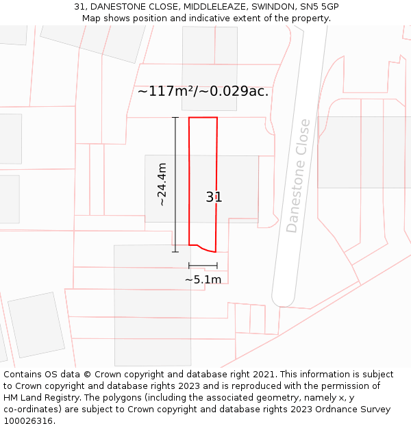 31, DANESTONE CLOSE, MIDDLELEAZE, SWINDON, SN5 5GP: Plot and title map