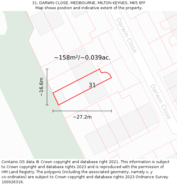 31, DARWIN CLOSE, MEDBOURNE, MILTON KEYNES, MK5 6FF: Plot and title map