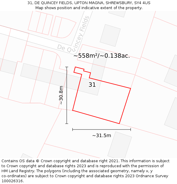 31, DE QUINCEY FIELDS, UPTON MAGNA, SHREWSBURY, SY4 4US: Plot and title map