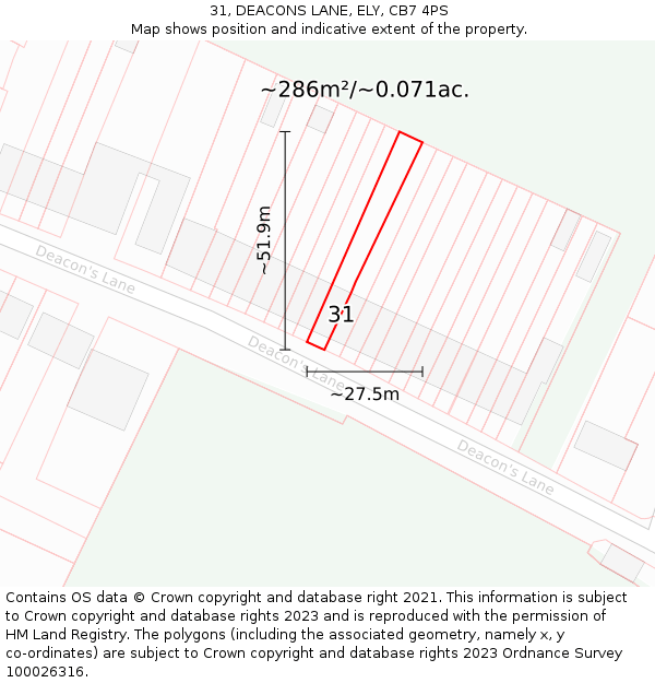 31, DEACONS LANE, ELY, CB7 4PS: Plot and title map