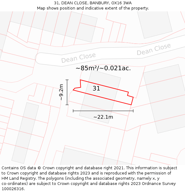 31, DEAN CLOSE, BANBURY, OX16 3WA: Plot and title map