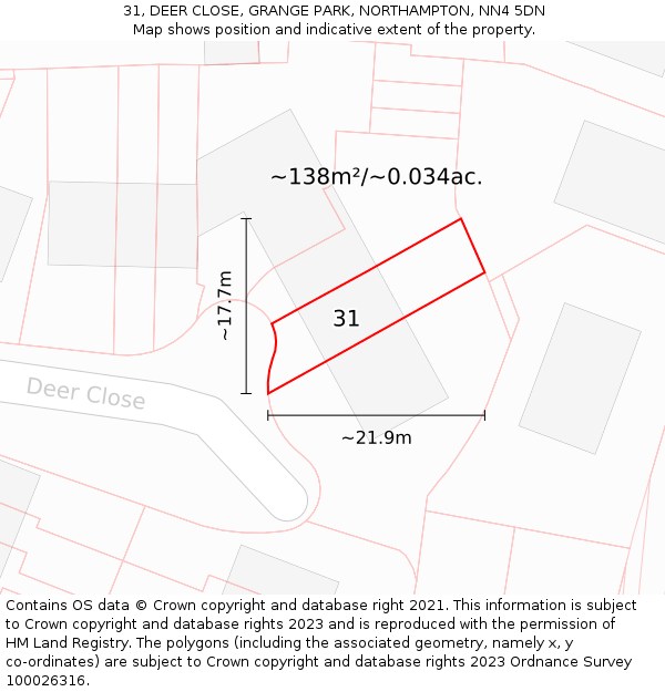 31, DEER CLOSE, GRANGE PARK, NORTHAMPTON, NN4 5DN: Plot and title map