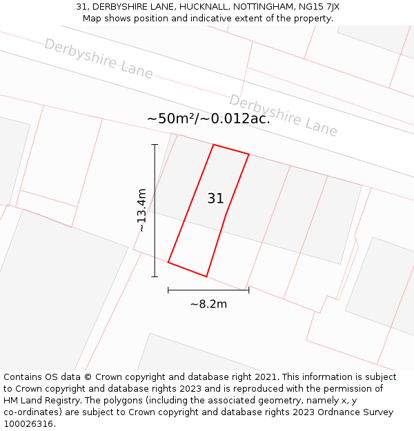 31, DERBYSHIRE LANE, HUCKNALL, NOTTINGHAM, NG15 7JX: Plot and title map
