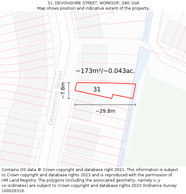 31, DEVONSHIRE STREET, WORKSOP, S80 1NA: Plot and title map