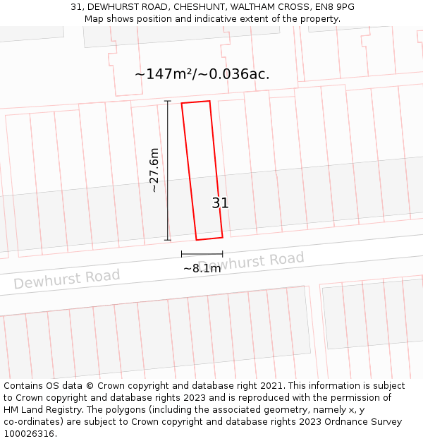 31, DEWHURST ROAD, CHESHUNT, WALTHAM CROSS, EN8 9PG: Plot and title map
