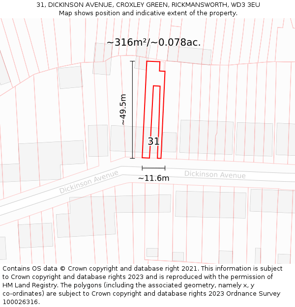 31, DICKINSON AVENUE, CROXLEY GREEN, RICKMANSWORTH, WD3 3EU: Plot and title map