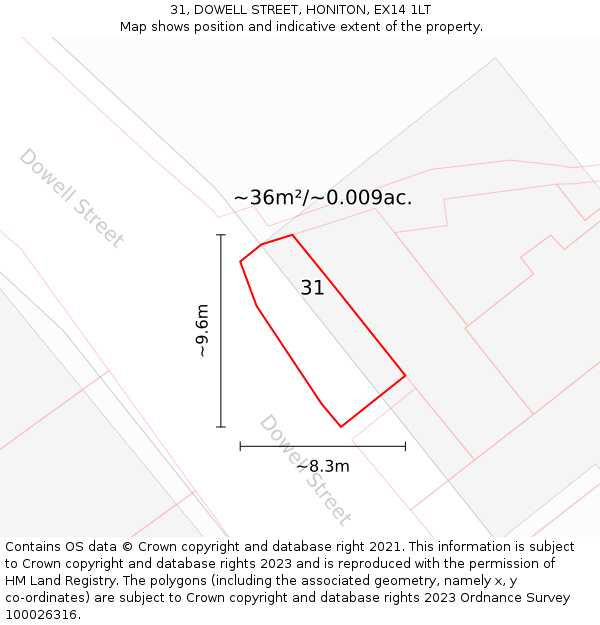 31, DOWELL STREET, HONITON, EX14 1LT: Plot and title map