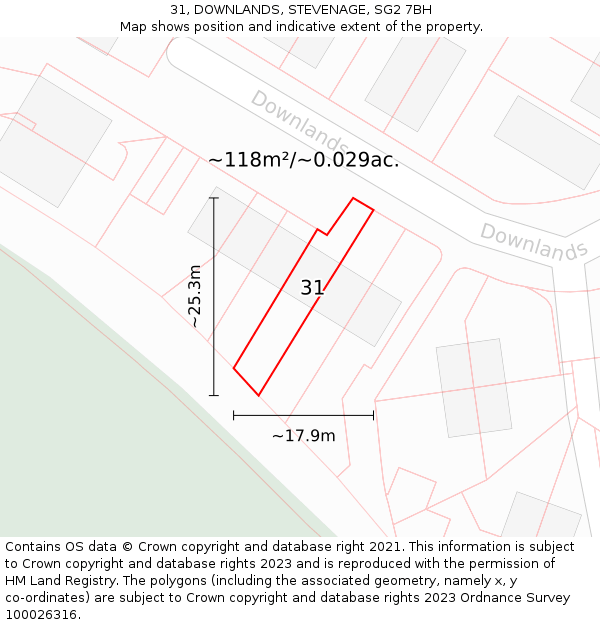 31, DOWNLANDS, STEVENAGE, SG2 7BH: Plot and title map