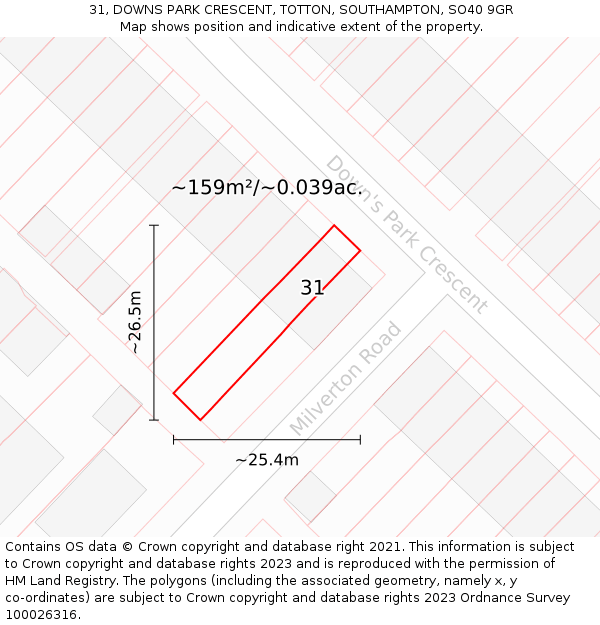 31, DOWNS PARK CRESCENT, TOTTON, SOUTHAMPTON, SO40 9GR: Plot and title map