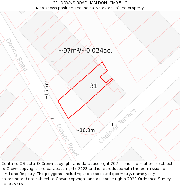 31, DOWNS ROAD, MALDON, CM9 5HG: Plot and title map
