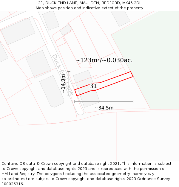 31, DUCK END LANE, MAULDEN, BEDFORD, MK45 2DL: Plot and title map
