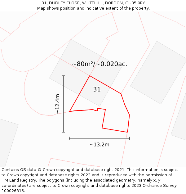 31, DUDLEY CLOSE, WHITEHILL, BORDON, GU35 9PY: Plot and title map