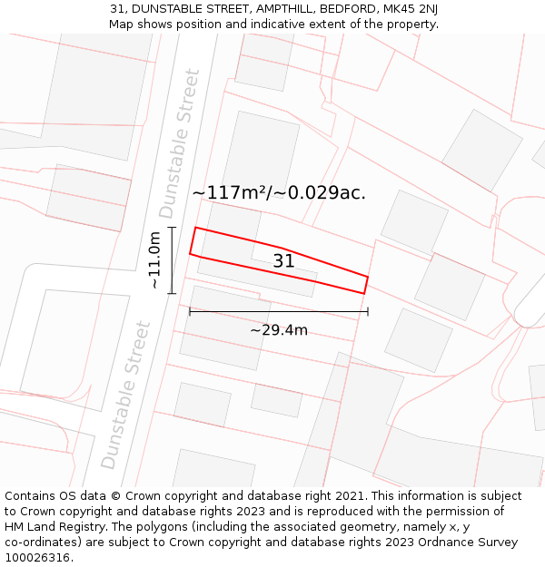 31, DUNSTABLE STREET, AMPTHILL, BEDFORD, MK45 2NJ: Plot and title map