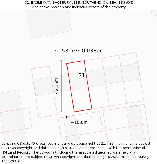 31, EAGLE WAY, SHOEBURYNESS, SOUTHEND-ON-SEA, SS3 9XZ: Plot and title map