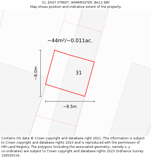 31, EAST STREET, WARMINSTER, BA12 9BY: Plot and title map
