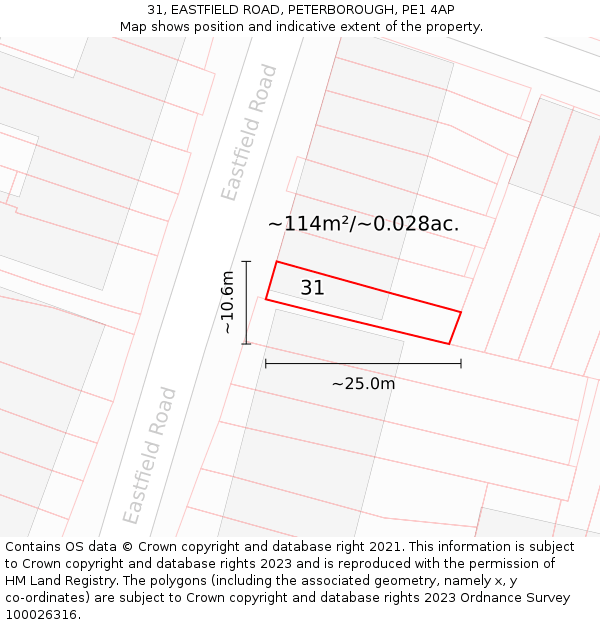 31, EASTFIELD ROAD, PETERBOROUGH, PE1 4AP: Plot and title map
