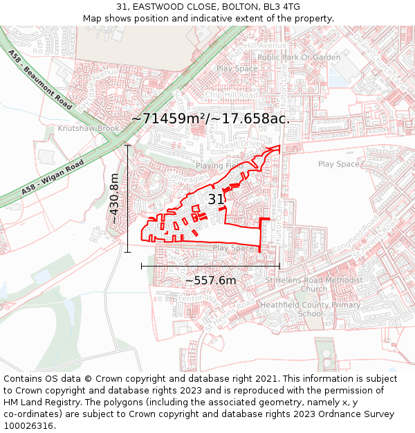 31, EASTWOOD CLOSE, BOLTON, BL3 4TG: Plot and title map