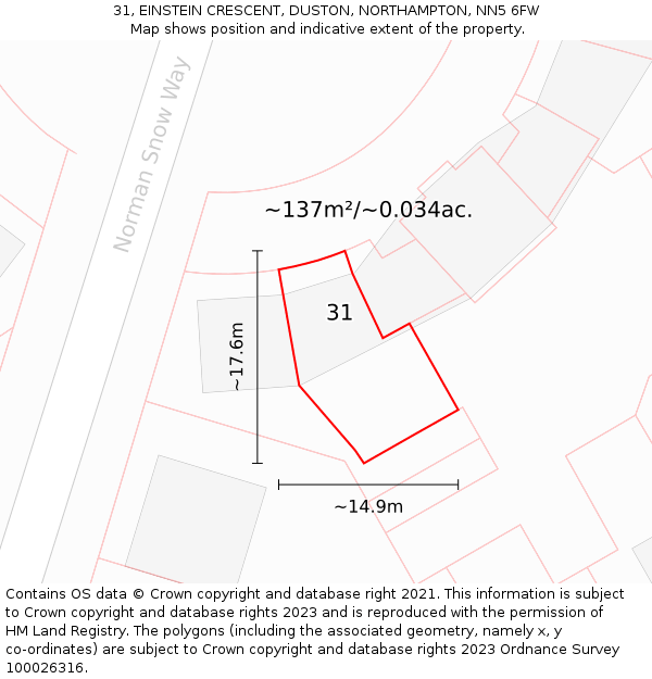 31, EINSTEIN CRESCENT, DUSTON, NORTHAMPTON, NN5 6FW: Plot and title map