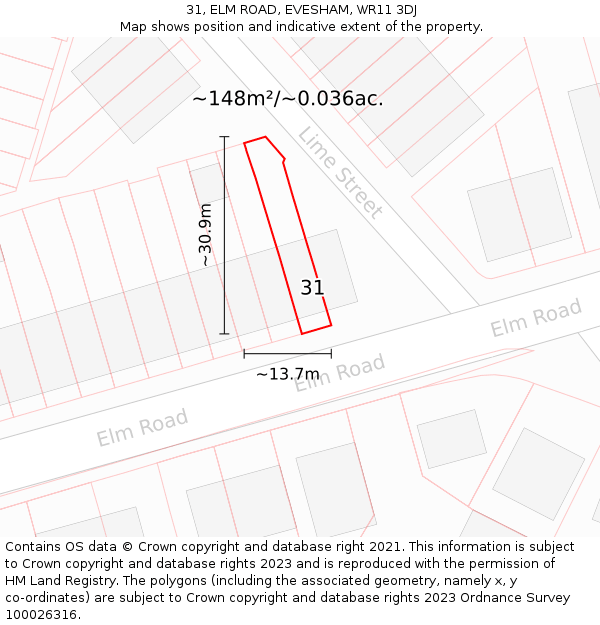 31, ELM ROAD, EVESHAM, WR11 3DJ: Plot and title map