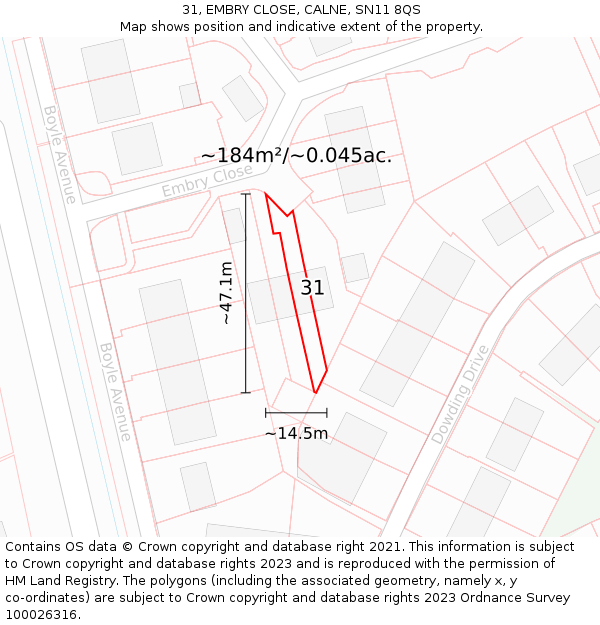 31, EMBRY CLOSE, CALNE, SN11 8QS: Plot and title map
