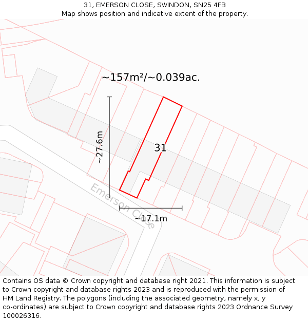 31, EMERSON CLOSE, SWINDON, SN25 4FB: Plot and title map