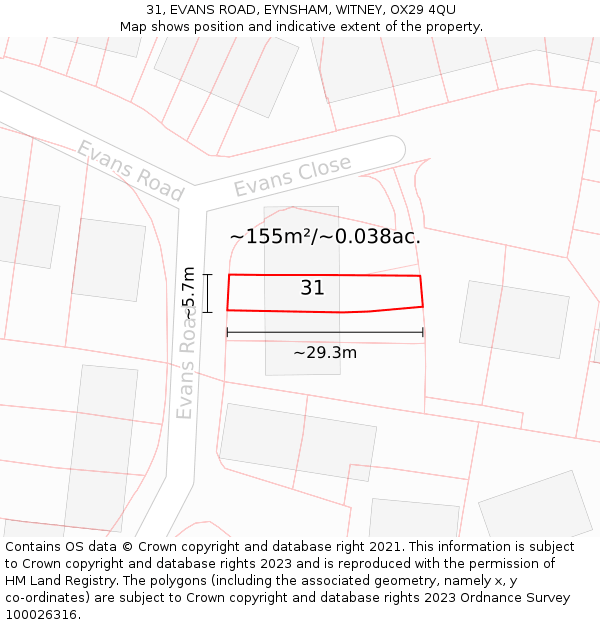31, EVANS ROAD, EYNSHAM, WITNEY, OX29 4QU: Plot and title map
