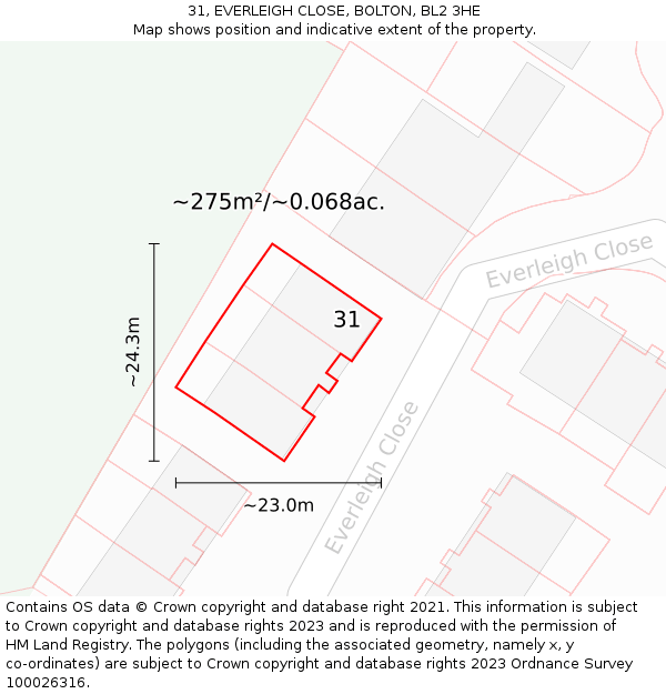 31, EVERLEIGH CLOSE, BOLTON, BL2 3HE: Plot and title map