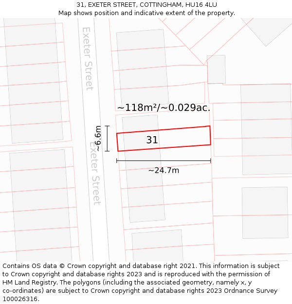 31, EXETER STREET, COTTINGHAM, HU16 4LU: Plot and title map