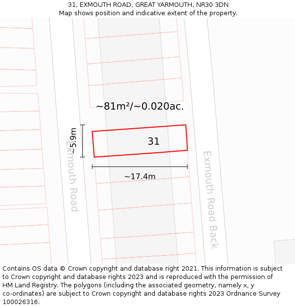 31, EXMOUTH ROAD, GREAT YARMOUTH, NR30 3DN: Plot and title map