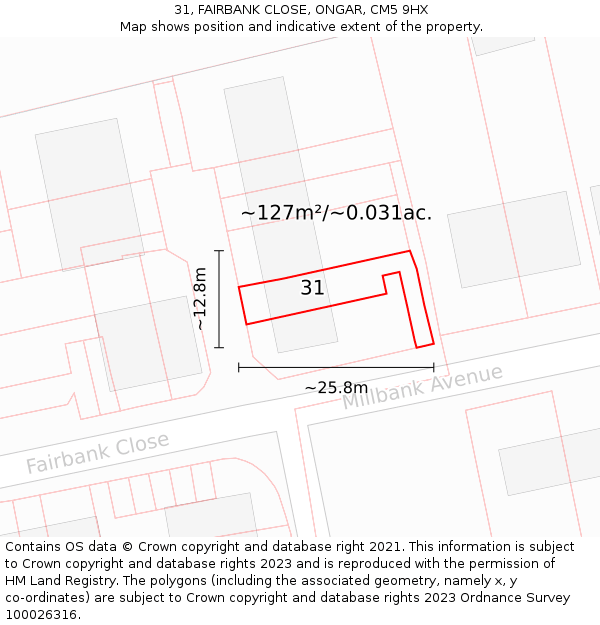 31, FAIRBANK CLOSE, ONGAR, CM5 9HX: Plot and title map