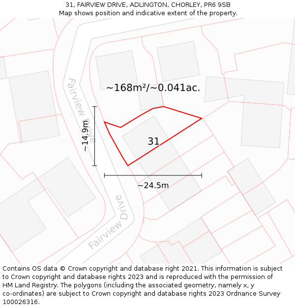 31, FAIRVIEW DRIVE, ADLINGTON, CHORLEY, PR6 9SB: Plot and title map