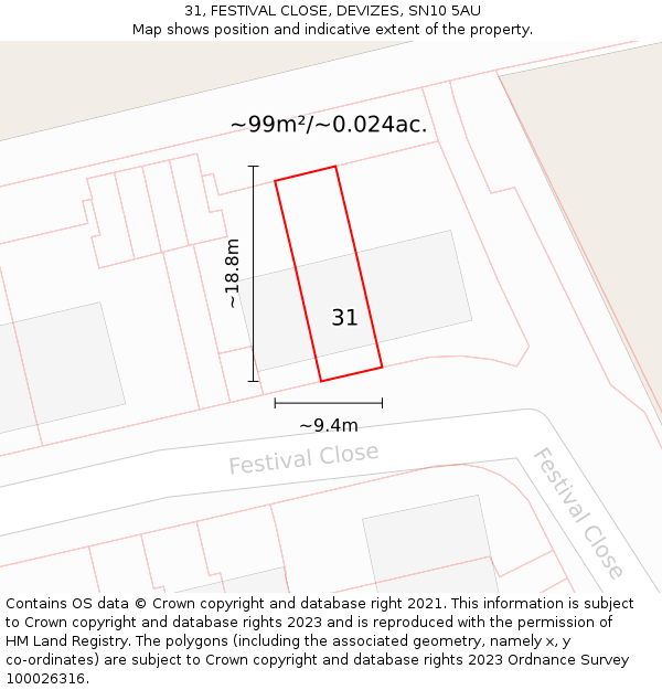 31, FESTIVAL CLOSE, DEVIZES, SN10 5AU: Plot and title map