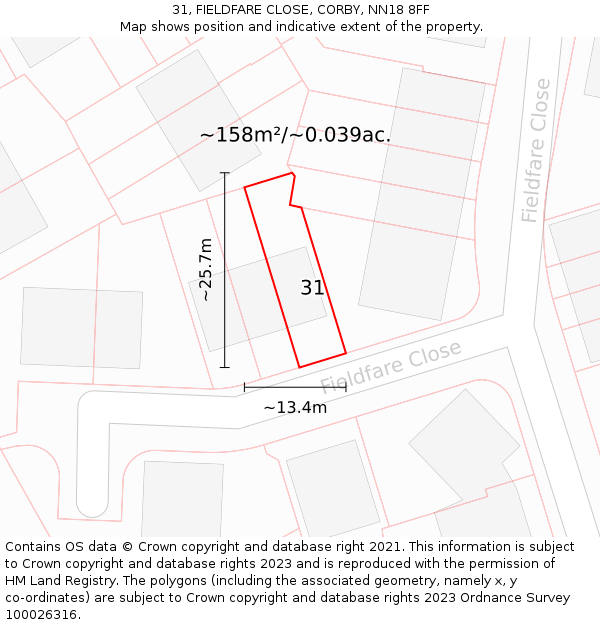 31, FIELDFARE CLOSE, CORBY, NN18 8FF: Plot and title map