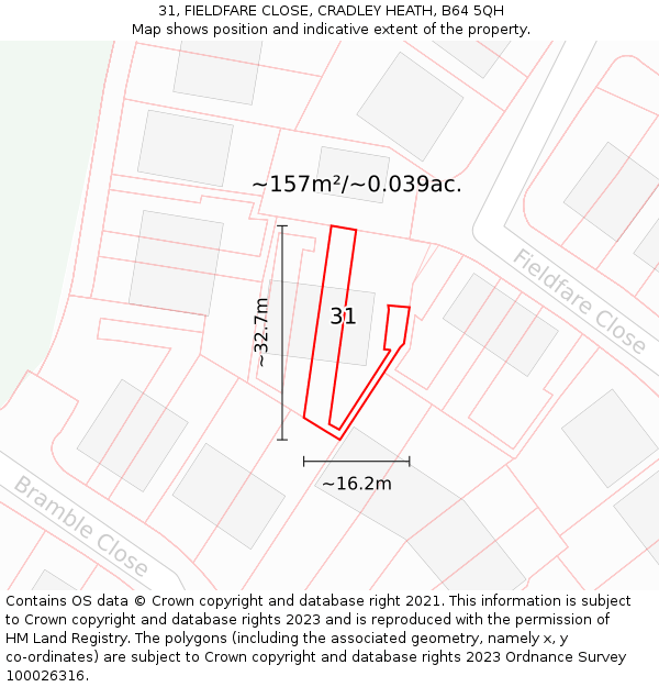 31, FIELDFARE CLOSE, CRADLEY HEATH, B64 5QH: Plot and title map