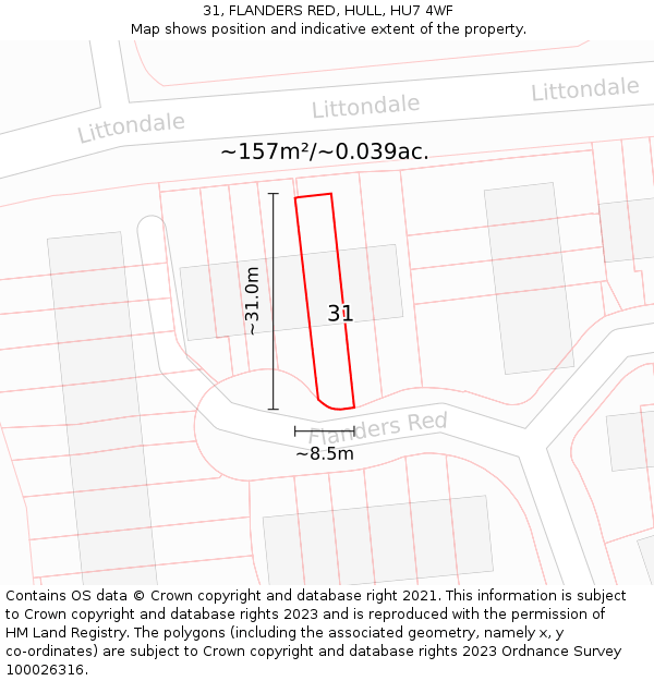 31, FLANDERS RED, HULL, HU7 4WF: Plot and title map