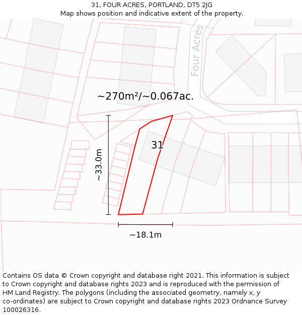 31, FOUR ACRES, PORTLAND, DT5 2JG: Plot and title map