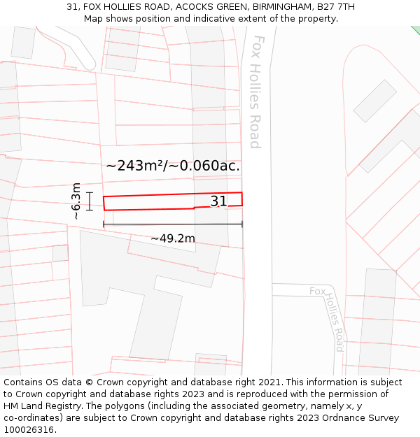 31, FOX HOLLIES ROAD, ACOCKS GREEN, BIRMINGHAM, B27 7TH: Plot and title map