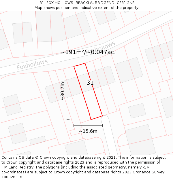 31, FOX HOLLOWS, BRACKLA, BRIDGEND, CF31 2NF: Plot and title map