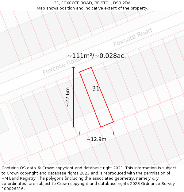 31, FOXCOTE ROAD, BRISTOL, BS3 2DA: Plot and title map
