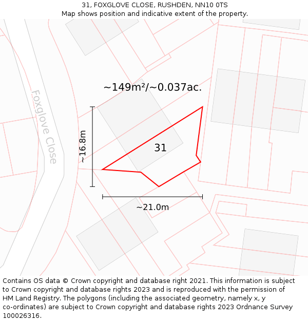 31, FOXGLOVE CLOSE, RUSHDEN, NN10 0TS: Plot and title map